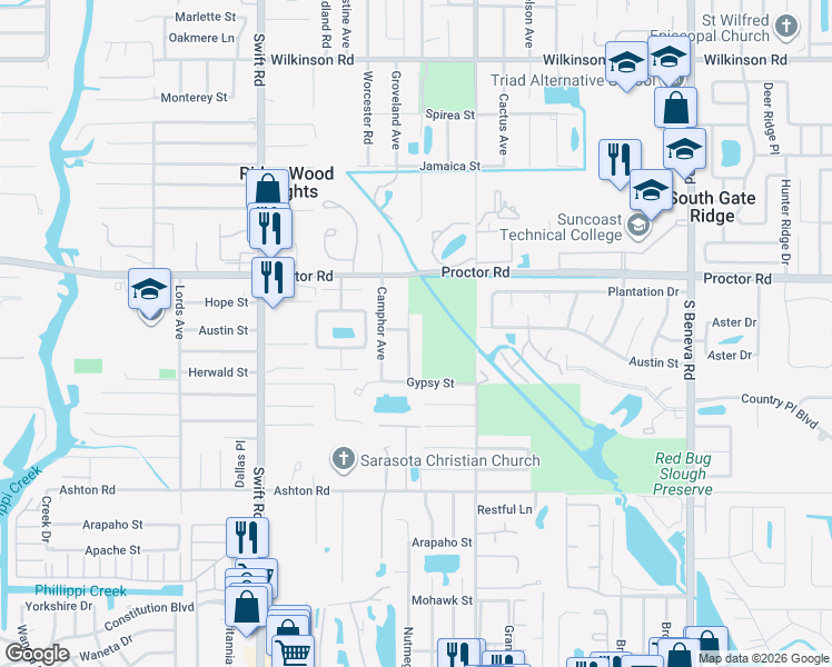 map of restaurants, bars, coffee shops, grocery stores, and more near 5034 S Lockwood Ridge Rd in Sarasota