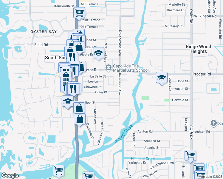 map of restaurants, bars, coffee shops, grocery stores, and more near 2317 Outer Drive in Sarasota