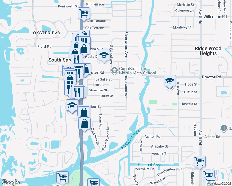 map of restaurants, bars, coffee shops, grocery stores, and more near 2317 Outer Drive in Sarasota