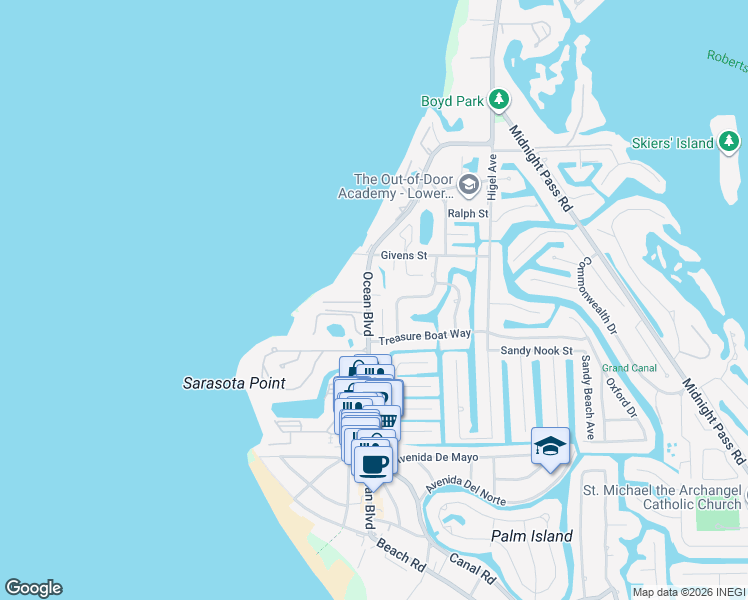 map of restaurants, bars, coffee shops, grocery stores, and more near 4842 Ocean Boulevard in Siesta Key