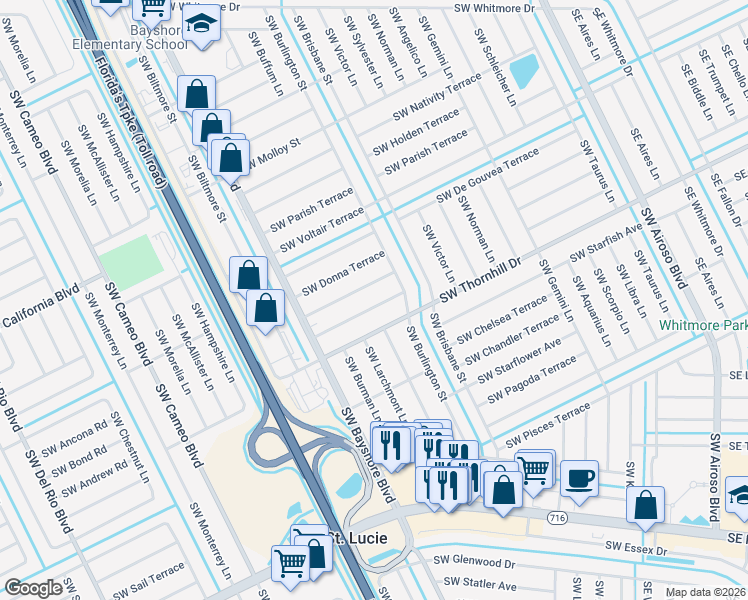 map of restaurants, bars, coffee shops, grocery stores, and more near 325 Southwest Majestic Terrace in Port St. Lucie