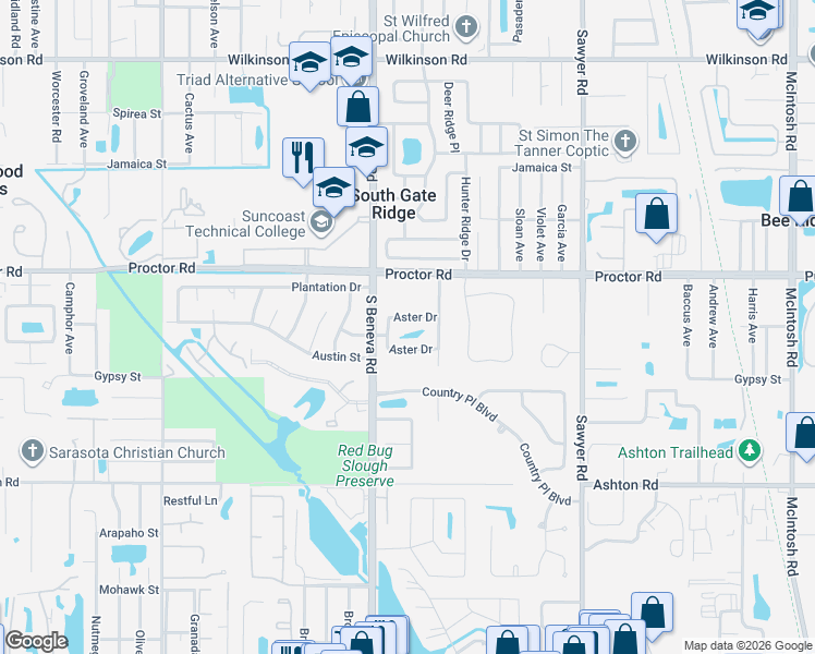map of restaurants, bars, coffee shops, grocery stores, and more near 4848 Huntleigh Drive in Sarasota