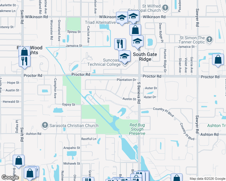 map of restaurants, bars, coffee shops, grocery stores, and more near 3439 Austin Street in Sarasota