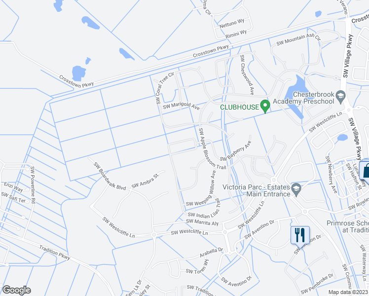 map of restaurants, bars, coffee shops, grocery stores, and more near 9840 Southwest Trumpet Tree Circle in Port St. Lucie