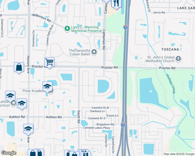 map of restaurants, bars, coffee shops, grocery stores, and more near 5847 Sandy Pointe Drive in Sarasota