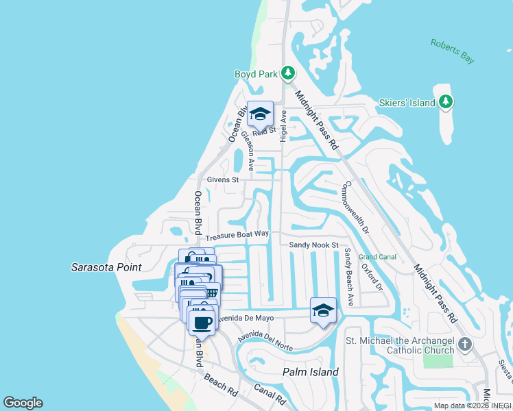 map of restaurants, bars, coffee shops, grocery stores, and more near 4854 Primrose Path in Sarasota