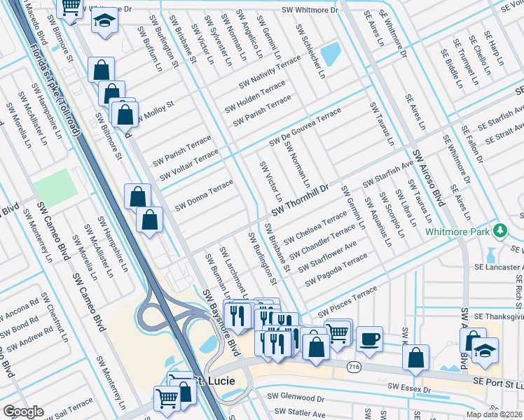 map of restaurants, bars, coffee shops, grocery stores, and more near 1985 Southwest Burlington Street in Port St. Lucie