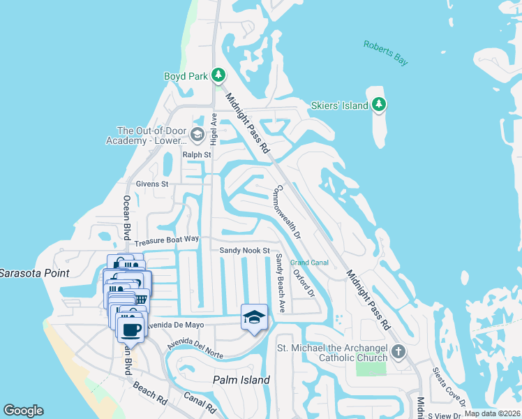 map of restaurants, bars, coffee shops, grocery stores, and more near 592 Commonwealth Lane in Siesta Key