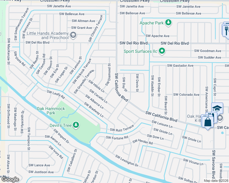 map of restaurants, bars, coffee shops, grocery stores, and more near 2058 Southwest Brevity Terrace in Port St. Lucie