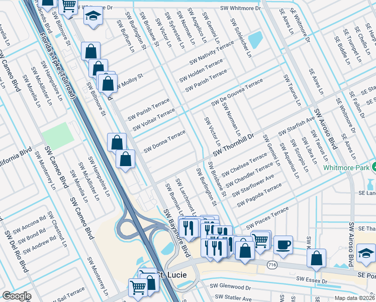 map of restaurants, bars, coffee shops, grocery stores, and more near 325 Southwest Majestic Terrace in Port St. Lucie