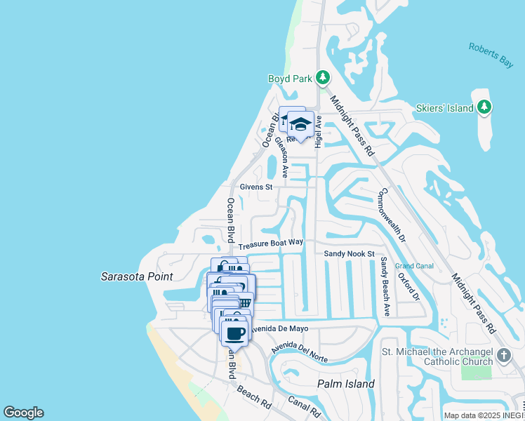 map of restaurants, bars, coffee shops, grocery stores, and more near 4865 Featherbed Lane in Siesta Key