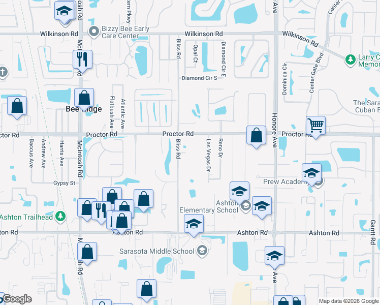 map of restaurants, bars, coffee shops, grocery stores, and more near 4855 Bliss Road in Sarasota