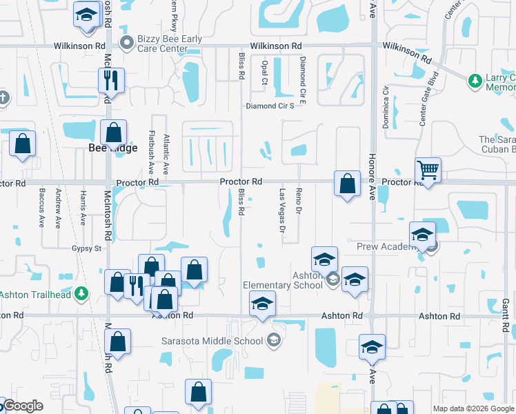 map of restaurants, bars, coffee shops, grocery stores, and more near 4855 Bliss Road in Sarasota