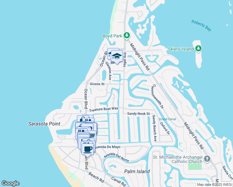 map of restaurants, bars, coffee shops, grocery stores, and more near 4851 Primrose Path in Siesta Key