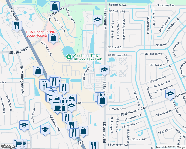 map of restaurants, bars, coffee shops, grocery stores, and more near 1886 Southeast Interlachen Drive in Port Saint Lucie