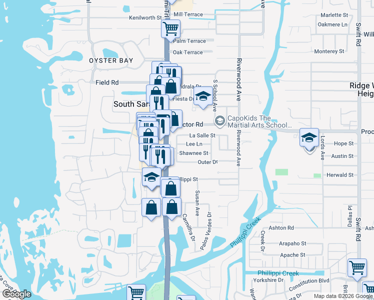 map of restaurants, bars, coffee shops, grocery stores, and more near 2109 Shawnee Street in Sarasota