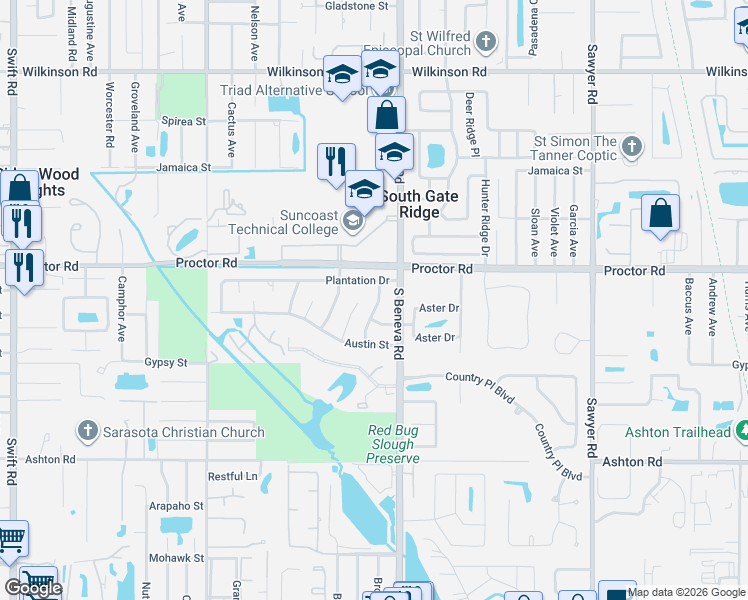map of restaurants, bars, coffee shops, grocery stores, and more near 4836 Southland Drive in Sarasota