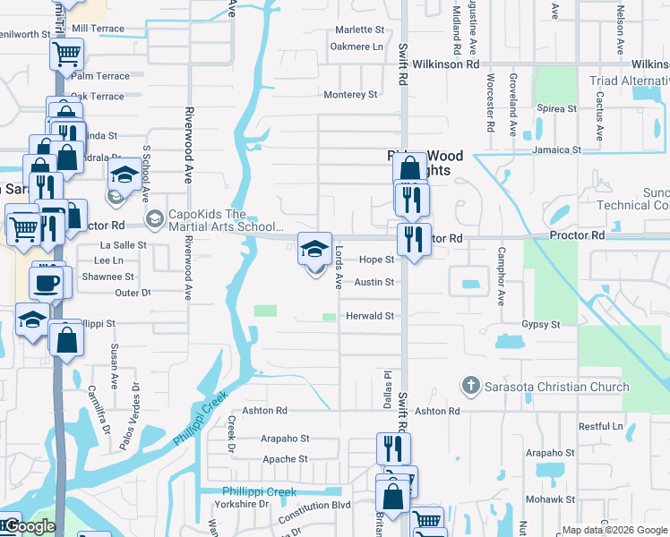 map of restaurants, bars, coffee shops, grocery stores, and more near 2600-2632 Proctor Rd in Sarasota