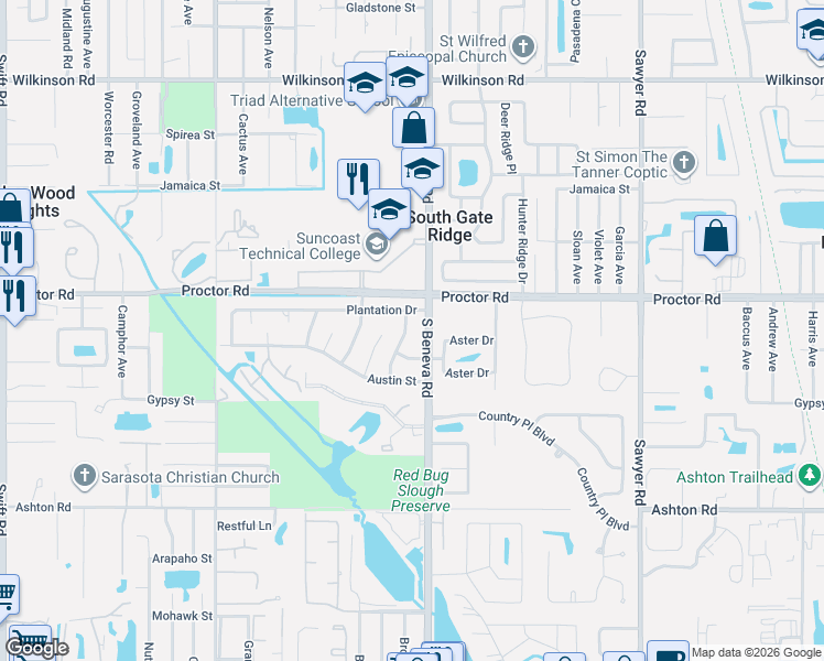 map of restaurants, bars, coffee shops, grocery stores, and more near 4836 Southland Drive in Sarasota