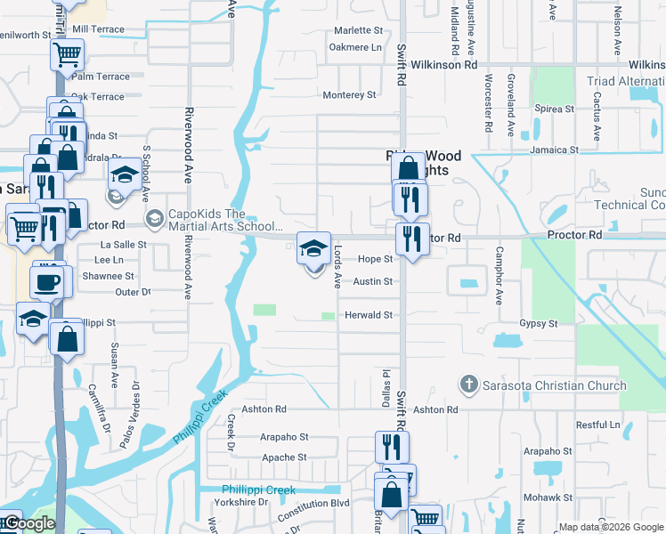 map of restaurants, bars, coffee shops, grocery stores, and more near in Ridge Wood Heights
