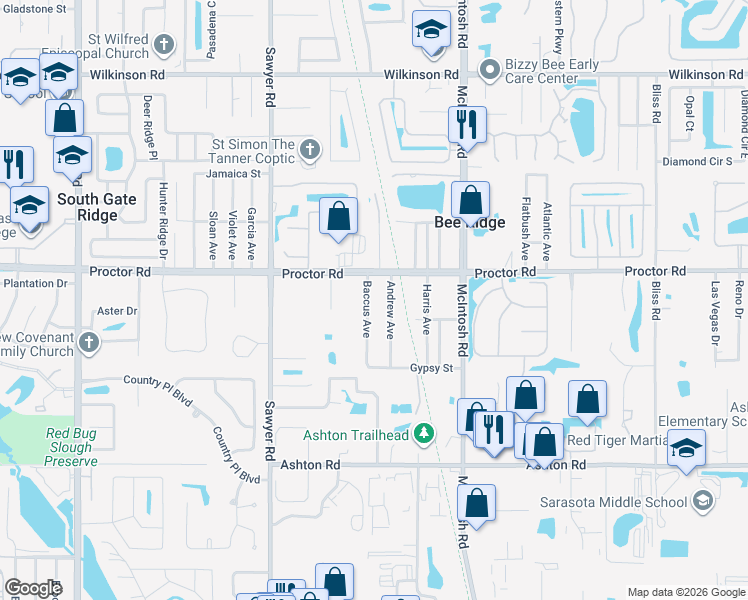 map of restaurants, bars, coffee shops, grocery stores, and more near 4210 Proctor Road in Sarasota