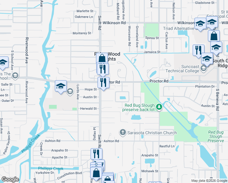 map of restaurants, bars, coffee shops, grocery stores, and more near 2900 Woodpine Court in Sarasota