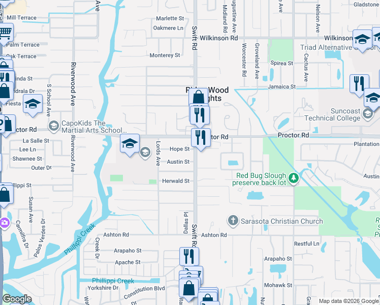 map of restaurants, bars, coffee shops, grocery stores, and more near 2715 Hope Street in Sarasota