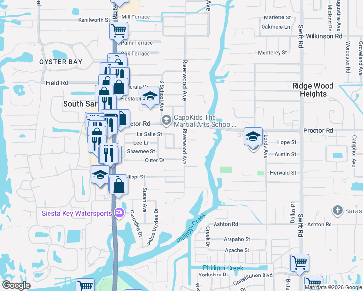 map of restaurants, bars, coffee shops, grocery stores, and more near 2314 La Salle Street in Sarasota