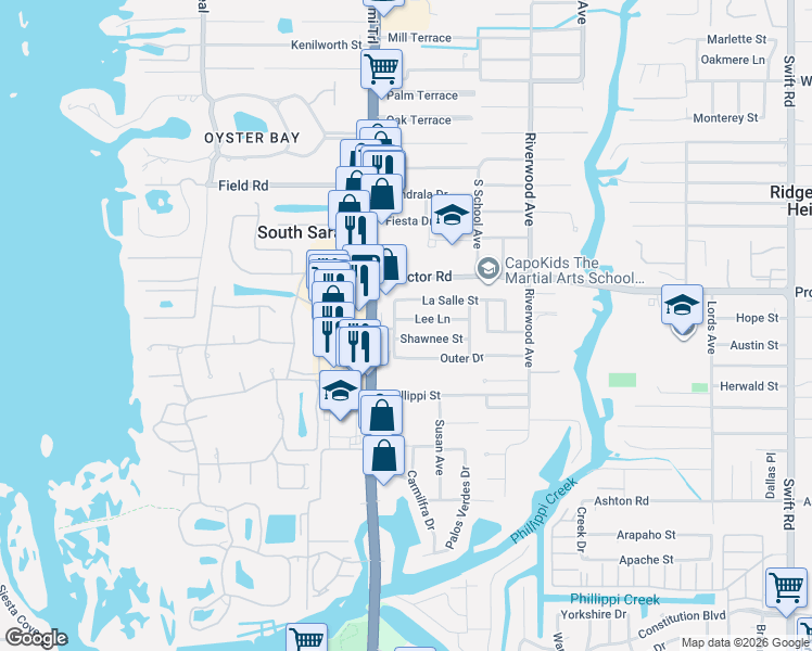 map of restaurants, bars, coffee shops, grocery stores, and more near 4801 South Tamiami Trail in Sarasota