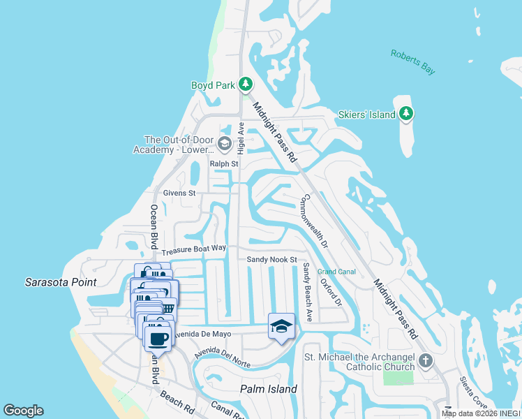 map of restaurants, bars, coffee shops, grocery stores, and more near 4807 Higel Avenue in Siesta Key