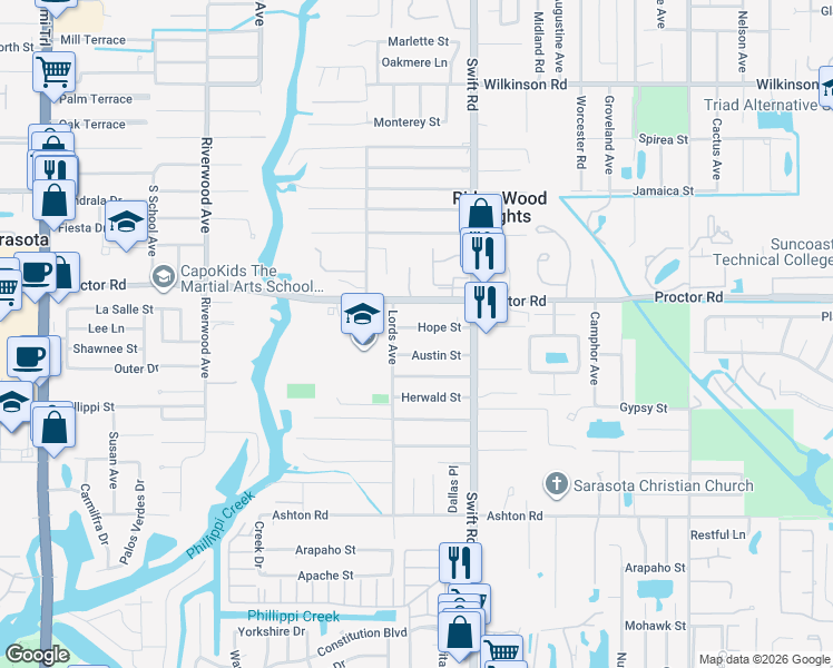 map of restaurants, bars, coffee shops, grocery stores, and more near 2626 Hope Street in Sarasota