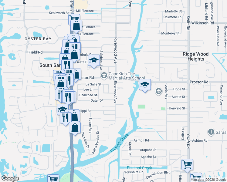 map of restaurants, bars, coffee shops, grocery stores, and more near 2314 La Salle Street in Sarasota