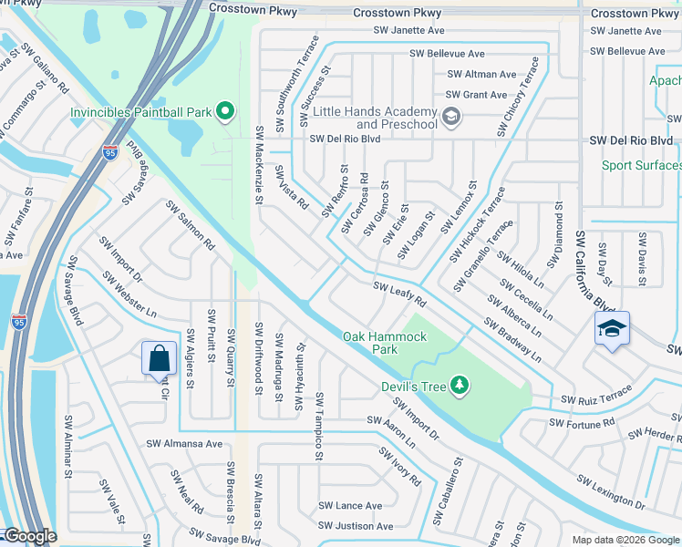 map of restaurants, bars, coffee shops, grocery stores, and more near 2041 Southwest Leafy Road in Port St. Lucie