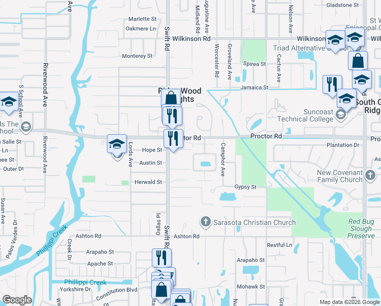 map of restaurants, bars, coffee shops, grocery stores, and more near 2900 Woodpine Court in Sarasota