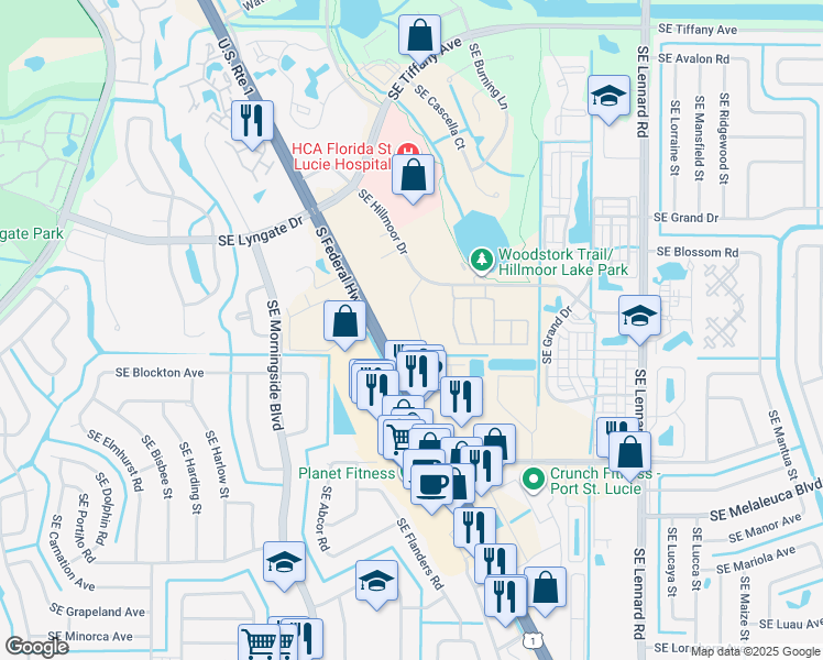 map of restaurants, bars, coffee shops, grocery stores, and more near 1800 Southeast Hillmoor Drive in Port St. Lucie