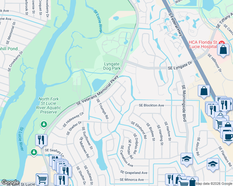 map of restaurants, bars, coffee shops, grocery stores, and more near 1918 Southeast Oxmoor Terrace in Port St. Lucie