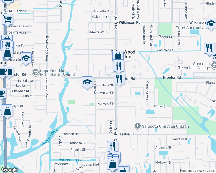 map of restaurants, bars, coffee shops, grocery stores, and more near 2715 Hope Street in Sarasota