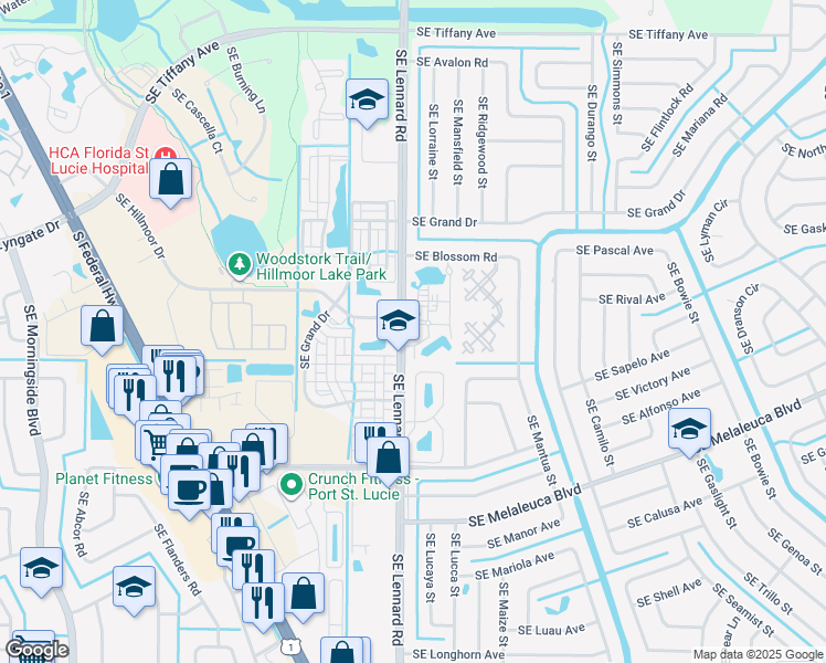 map of restaurants, bars, coffee shops, grocery stores, and more near 2033 Southeast Lennard Road in Port St. Lucie