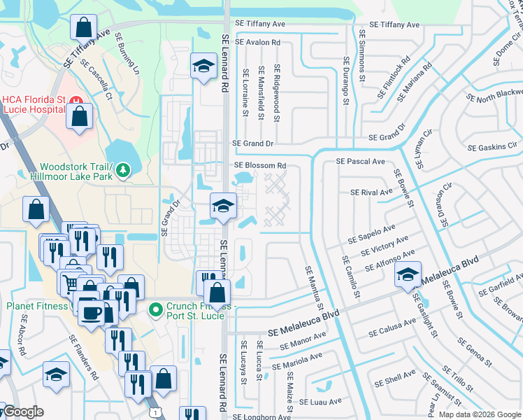 map of restaurants, bars, coffee shops, grocery stores, and more near 2073 Southeast Lennard Road in Port St. Lucie