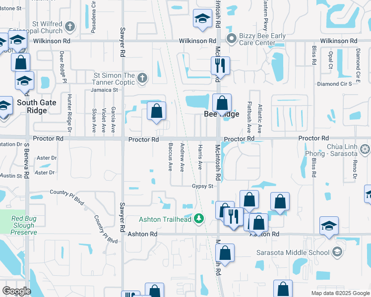 map of restaurants, bars, coffee shops, grocery stores, and more near 4276 Proctor Road in Sarasota