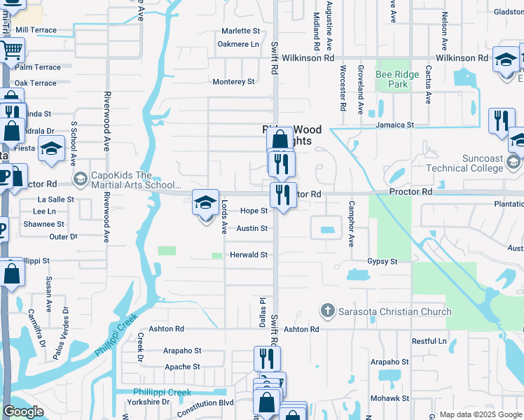 map of restaurants, bars, coffee shops, grocery stores, and more near 2715 Hope Street in Sarasota