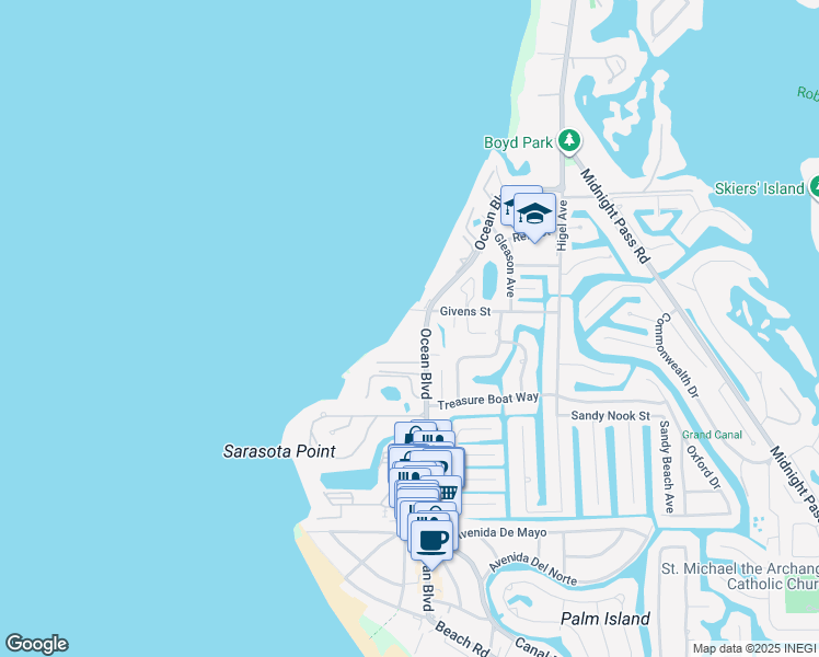 map of restaurants, bars, coffee shops, grocery stores, and more near 339 Treasure Boat Way in Siesta Key