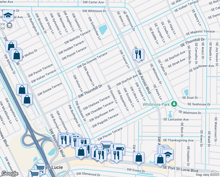 map of restaurants, bars, coffee shops, grocery stores, and more near 1919 Southwest Gemini Lane in Port Saint Lucie
