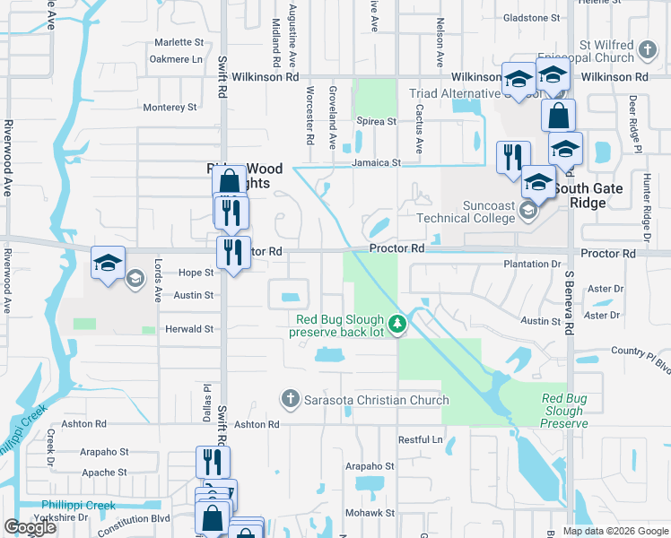 map of restaurants, bars, coffee shops, grocery stores, and more near 3028 Proctor Road in Sarasota