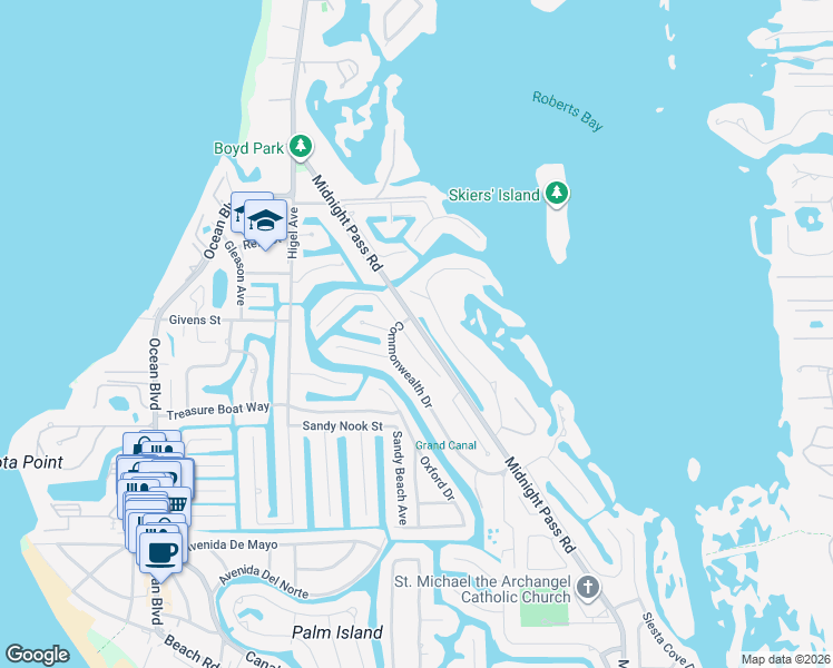 map of restaurants, bars, coffee shops, grocery stores, and more near 611 Venice Lane in Siesta Key