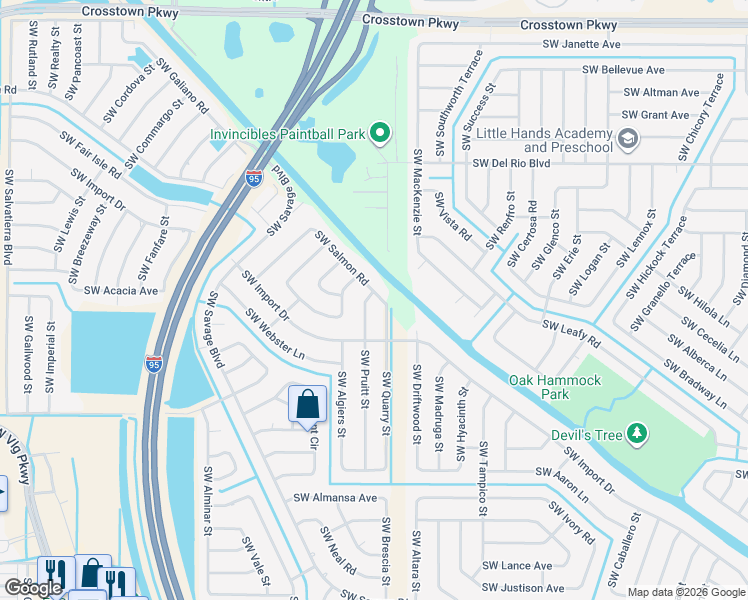 map of restaurants, bars, coffee shops, grocery stores, and more near 2001 Southwest Pruitt Street in Port St. Lucie