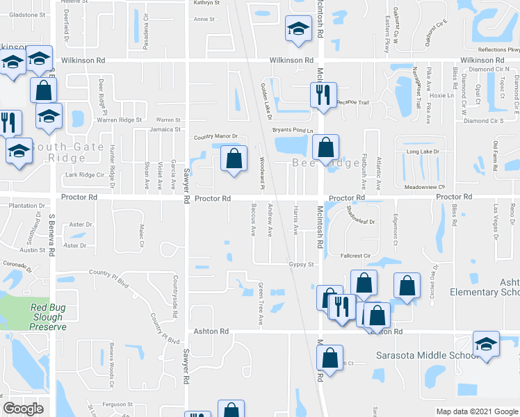 map of restaurants, bars, coffee shops, grocery stores, and more near 4210 Proctor Road in Sarasota