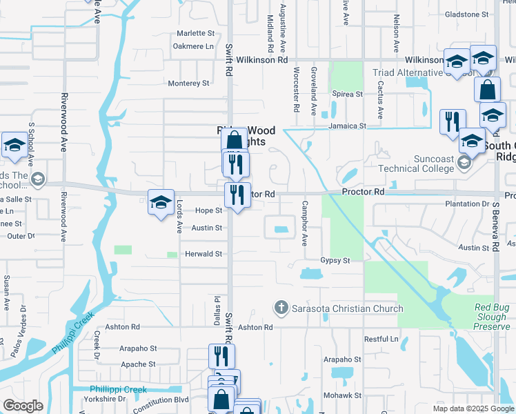 map of restaurants, bars, coffee shops, grocery stores, and more near 2900 Woodpine Court in Sarasota
