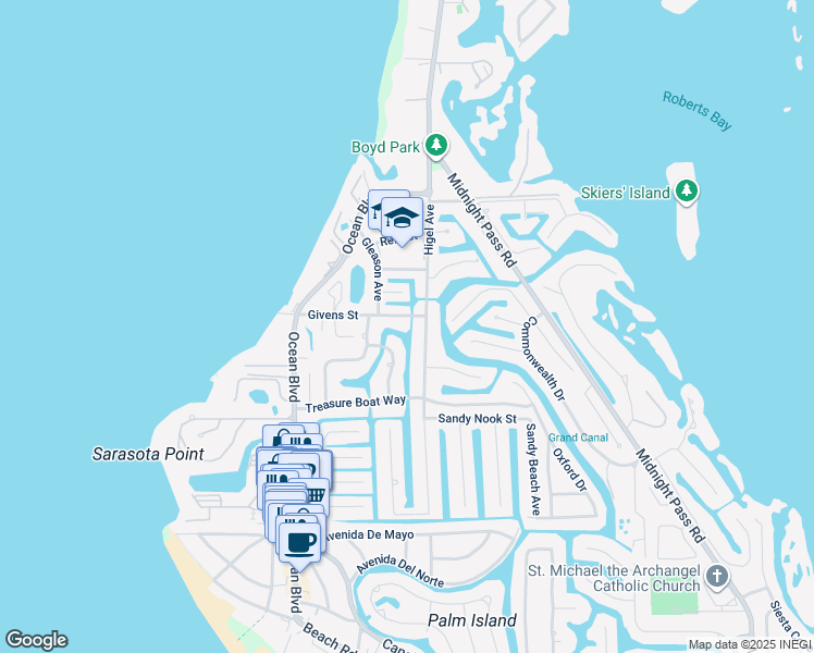 map of restaurants, bars, coffee shops, grocery stores, and more near 530 Givens Street in Siesta Key