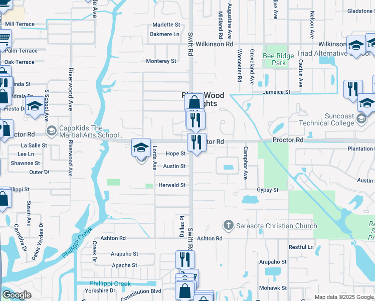 map of restaurants, bars, coffee shops, grocery stores, and more near 2715 Hope Street in Sarasota